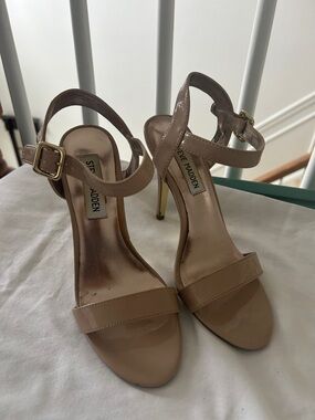 Steve Madden Patent Nude/Tan Ankle-Strap Stiletto Sandals